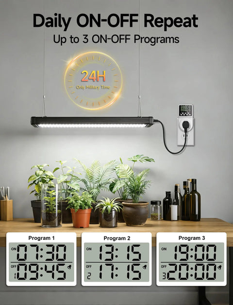 Digital Infinite Repeat Cycle Intermittent Timer Plug for Electrical Outlet in use with indoor plant setup