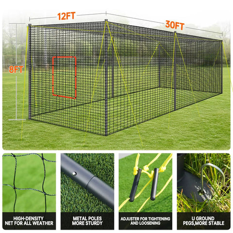 Backyard Batting Cage 30ft By 12ft By 8ft For Baseball And Softball With nylon mesh, steel frame, and pitching machine hole
