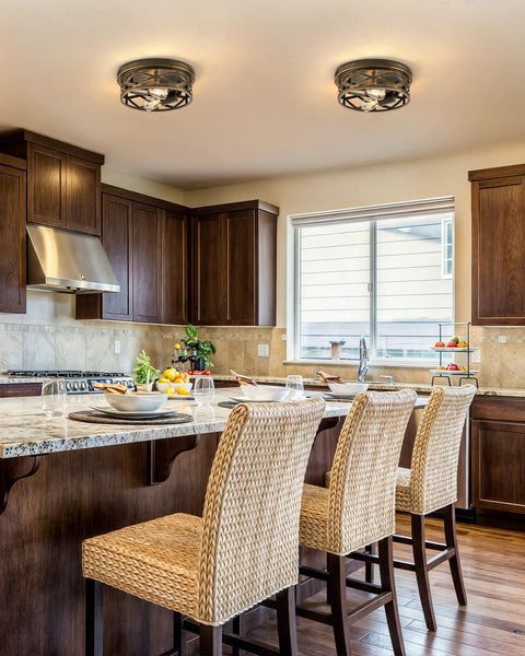Industrial Three Bulb Ceiling Light With Vintage Metal Cage, Oil Rubbed Bronze Flush Mount Fixture in a modern kitchen setup.