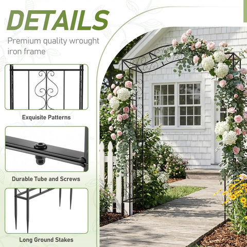 Metal Garden Arch Trellis For Climbing Plants, Durable Iron Garden Arbor With Long Ground Stakes, Outdoor Wedding And Party Decor