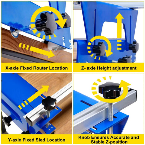 Router Sled for Woodworking, 48 Inch Slab Flattening Jig With XYZ Axis Adjustable Guide and Knob, featuring close-up of adjustment knobs