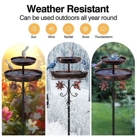 Vintage Outdoor Bird Bath and Feeder Stand 42 Inch Freestanding Bronze Bird Bath with Dual Bowls in garden, snow, and rain