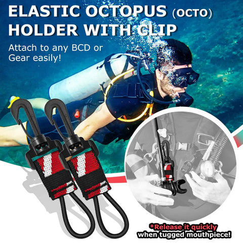 Diver using Two Pack Scuba Octopus Holder For Regulators With Elastic Loop And 360 Swivel Clip on their BCD
