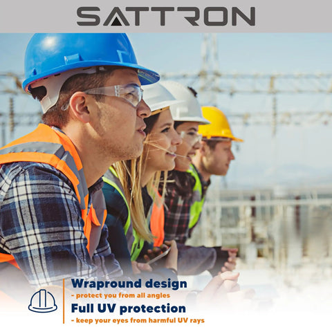 Tough As Nails Heavy Duty Clear Safety Glasses 100 Pack worn by workers, showcasing UV protection and wraparound design on a construction site.
