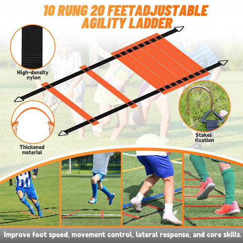 10 rung 20 feet adjustable agility ladder with high-density nylon shown with kids practicing soccer drills on field