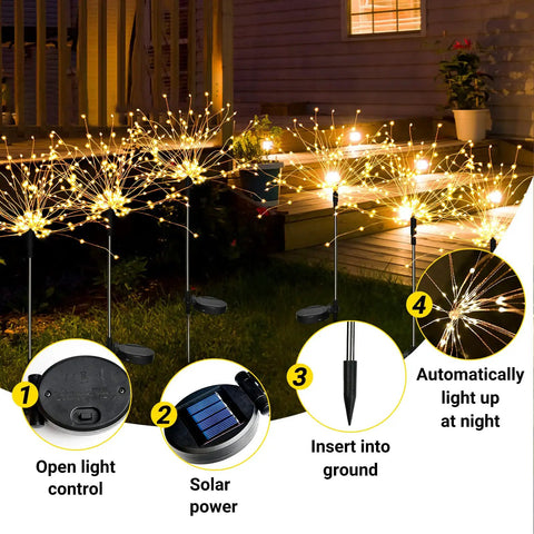 Five Pack Solar Firework String Lights Outdoor Waterproof With 600 LEDs And 40 Flexible Copper Wires Two Lighting Modes shown