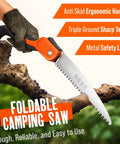 11 Inch Folding Camping Saw with ergonomic handle, SK5 steel blade, anti-skid design, cutting a branch
