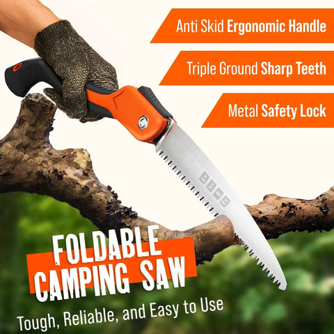 11 Inch Folding Camping Saw with ergonomic handle, SK5 steel blade, anti-skid design, cutting a branch