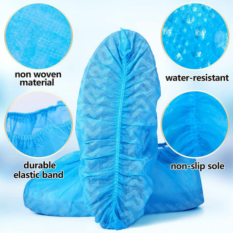 300 Pack Disposable Shoe Covers Non Slip Heavy Duty Booties with elastic band, breathable nonwoven polypropylene, waterproof blue