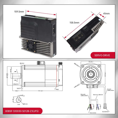 Dimensions and schematics of a servo drive module with 1000W AC servo motor kit, 158.5mm by 159.5mm by 41mm, for CNC machines.