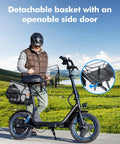Adult riding C1 Plus Electric Scooter For Adults With Seat And Pet Basket, built for daily city rides, showcasing detachable basket.