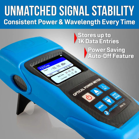 FPM-55 Pro Grade Fiber Optic Power Meter with USB data storage, showing large display and auto-off feature. 2025 model.