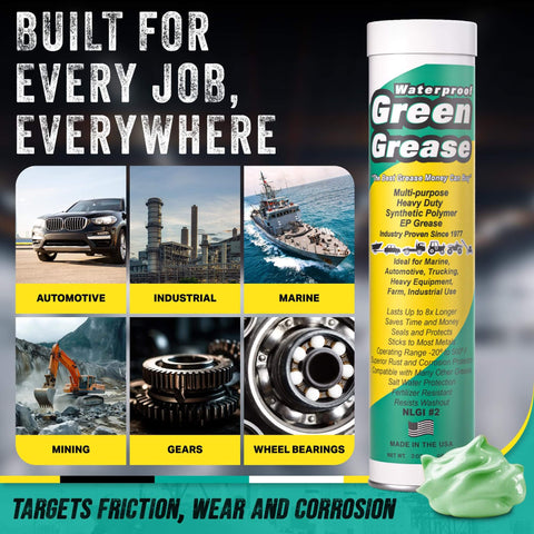 Green Grease Tube Set 3oz Three Pack for Grease Gun NLGI 2 Lithium shown with application images for automotive, industrial, marine.