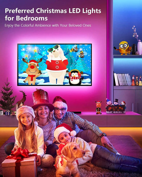 Family enjoying Christmas with RGB LED Strip Lights 32.8Ft With 5050 LEDs Color Changing Rope Lights in living room.