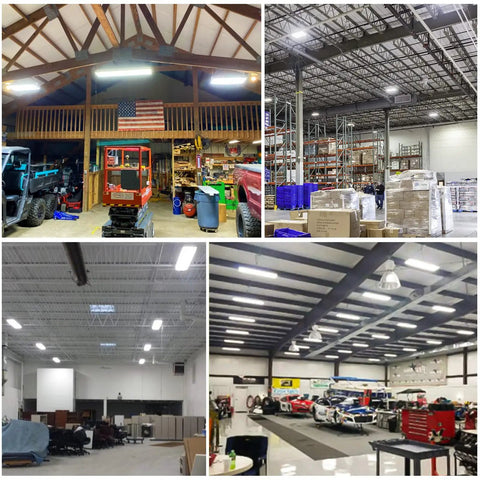 Warehouse and garage spaces illuminated by 2 Pack LED Linear High Bay Shop Light 210W 27300 Lumens 130 Lm Per Watt 5000K