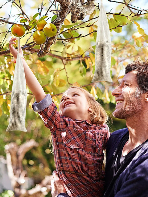 Six Pack Outdoor Sock Feeders For Thistle Seeds With Food Grade Funnels, hanging in a tree with a child reaching for fruit.