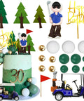 Badass Golf Cake Toppers With Golf Cart And Clay Figurine Dope Golfer Birthday Party Supplies Including Red Flag Trees And Assorted Golf Balls for a lively birthday cake scene.