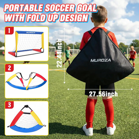 Child holding a folded Backyard Kid Friendly Soccer Goal Set Pack Of Two Portable Pop Up Nets with ball and cones for ages 3 to 8