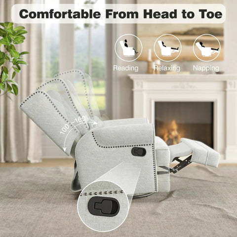 Side view of off-white swivel recliner chair with recline levels and footrest in living room setting, focus on easy recline lever