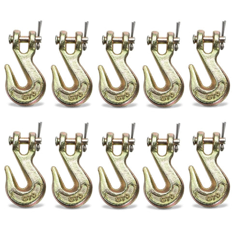 Ten Pack 1/4 Inch Clevis Grab Hook For 6mm Chain, G70 Forged Steel Safety Hook, heavy duty chromate finish hooks in a row
