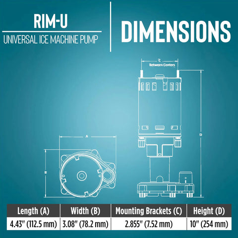 Technical blueprint of Dual Voltage RIM U Ice Machine Pump Replacement 115/230V with dimensions and specifications