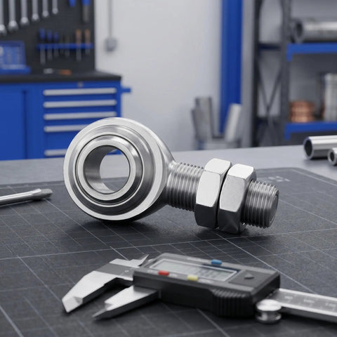 3/4 Inch Steel Heim Joint Rod End With Two Nuts And Right Hand Thread For Quick Installation on workbench with caliper.