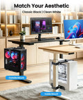 No Sweat Under Desk PC Tower Mount With Quick Clamp On Install Rock Solid Adjustable Computer Stand Holds Up To Sixty Pounds Non Slip Pads Clears Workspace Clutter Dead Simple Black mounted outside and inside a desk, showcasing PC towers.