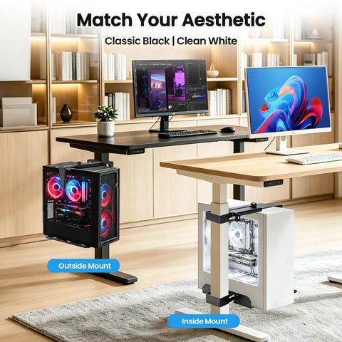 No Sweat Under Desk PC Tower Mount With Quick Clamp On Install Rock Solid Adjustable Computer Stand Holds Up To Sixty Pounds Non Slip Pads Clears Workspace Clutter Dead Simple Black mounted outside and inside a desk, showcasing PC towers.