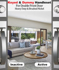 Front Entry Door Handleset With Keyed And Dummy Handleset Satin Nickel Adjustable Backset 60mm Or 70mm Movable Hole Position Fits Most US Standard Doors
