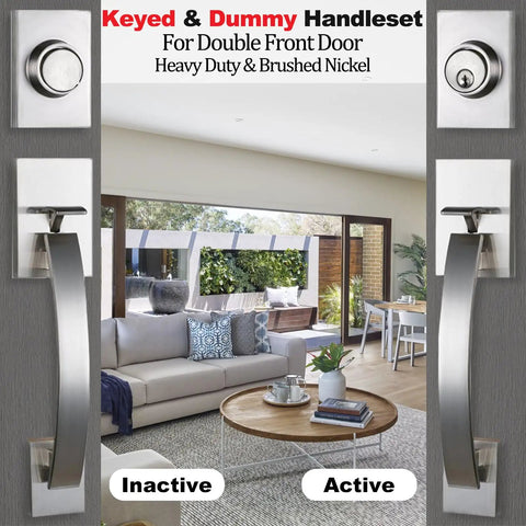 Front Entry Door Handleset With Keyed And Dummy Handleset Satin Nickel Adjustable Backset 60mm Or 70mm Movable Hole Position Fits Most US Standard Doors