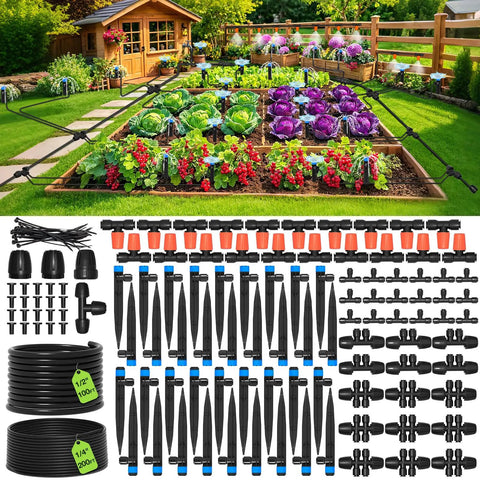 Drip Irrigation System Kit For 300 Feet With 100 Feet Of Half Inch Tubing And 200 Feet Of Quarter Inch Tubing Fittings Adjustable Emitter