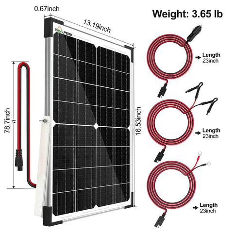 25W 12V Solar Battery Charger Kit With Waterproof Panel And Smart Energy Saving Controller, showing solar panel and cables.