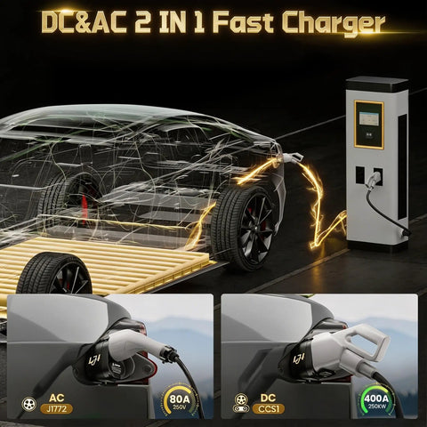 Heavy Duty Ccs And J1772 To Tesla Adapter For Level 1 2 3 Charging Stations shows charging process with DC and AC connections.