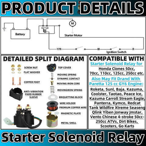 Heavy Duty Starter Solenoid Relay For 4 Stroke GY6 Engines 50cc To 250cc Fits ATV Scooter Dirt Bike Go Kart Quad Moped Pit Bike And Honda Roketa Taotao SunL Coolster SSR Clones Hassle Free Install wiring diagram and parts breakdown
