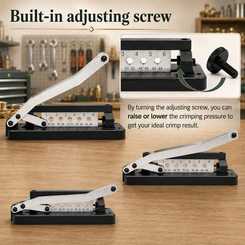 Heavy Duty Hose Crimping Tool Kit For One Quarter, Five Sixteenths And Three Eighths Inch ID Hoses With One Hundred Ferrules Including 0.593 And 0.625 Inch Dies, Bench Mounted Crimper Works As A Real Workhorse For PVC Rubber And Air Hoses, built-in adjusting screw