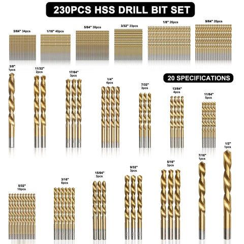 230 Piece Drill Bit Set With 135 Degree Titanium Coated High Speed Steel Twist Bits For Iron Aluminum Copper Wood And Plastic