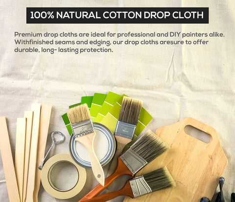 Canvas Drop Cloth 6x9 Feet Pack Of 2 with paintbrushes and painter's tools on a wooden board, eco-friendly painting supplies.