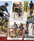 Collage of cyclists: mountain biking, daily commuting, road cycling, casual riding, outdoor training.