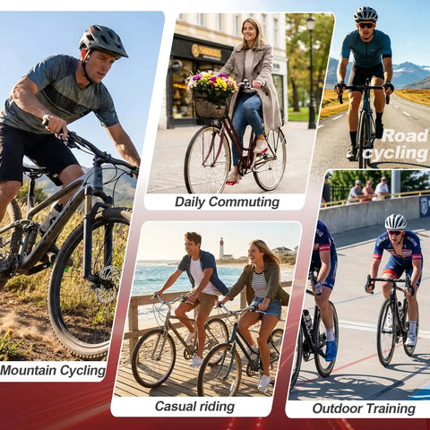 Collage of cyclists: mountain biking, daily commuting, road cycling, casual riding, outdoor training.
