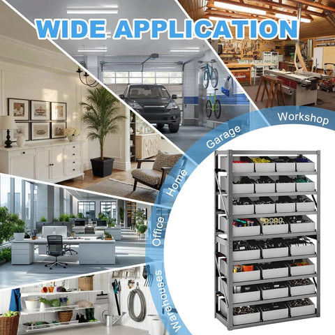 8 Tier Heavy Duty Steel Storage Rack With 27 Bins Shelving Unit in garages, offices, homes, and workshops scene