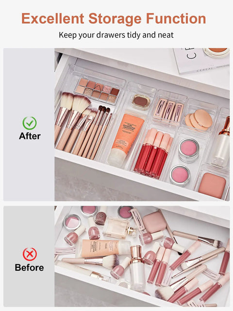 22 Piece Drawer Organizer Set With Non Slip Silicone Pads Clear 4 Size Trays For Makeup Jewelry Utensils in a drawer