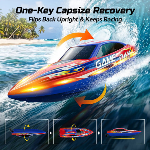 RC boat demonstrating capsize recovery with LED lights on ocean, labeled 'GAME DAY'. High Speed RC Boat For Kids And Adults, 25 Plus KPH Racing Power.
