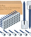 50 Pack Vertical Threaded Rod Anchors Set, One Quarter Inch Screws, Three Eighth Inch Rod Joint, Pipe Hanger Fittings For Wood And Concrete Structures, Silver And Blue Finish, Durable Time Saving Budget Friendly Hardware Kit