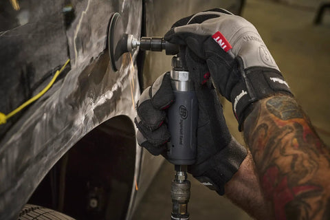 Compact Right Angle Pneumatic Die Grinder With 1/4 Inch Collet And 20000 Rpm Motor used for grinding on car body panels.