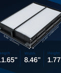 Dimensions of Engine Air Filter Replacement For Hyundai Palisade Santa Fe Kia showing length 11.65 inches, width 8.46 inches, height 1.77 inches.