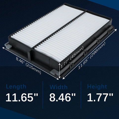 Dimensions of Engine Air Filter Replacement For Hyundai Palisade Santa Fe Kia showing length 11.65 inches, width 8.46 inches, height 1.77 inches.