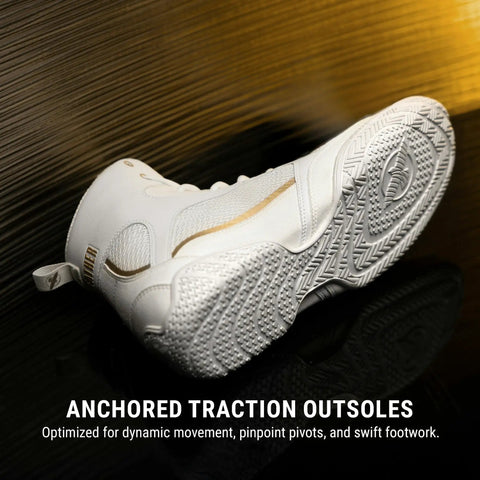 Mayweather Champ Boxing Shoes for Men and Women Unisex White Gold Mid Height traction sole detail