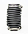 Side view of black rubber ribbed exhaust bellows with stainless steel hose clamps