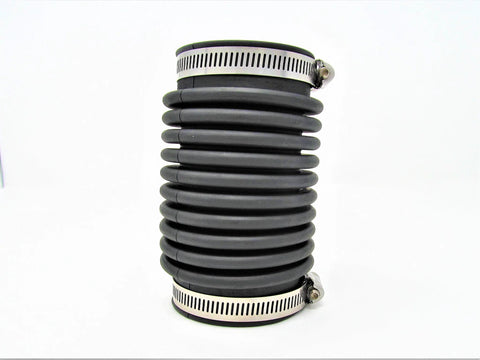 Side view of black rubber ribbed exhaust bellows with stainless steel hose clamps