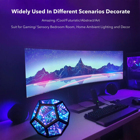 Dodecahedron RGBW Gaming Light With Infinity Mirror Effect on desk with gaming monitor